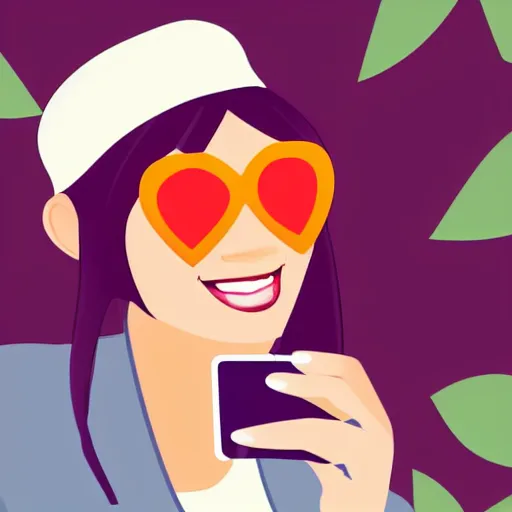 Prompt: a cartoon of a girl with sunglasses smiling taking a selfie in a park with an iPhone and with heart emoticons around her phone