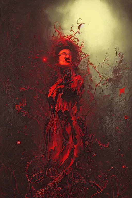 Image similar to red queen of death, Necro style, insanely detailed and intricate bright black line, golden ratio, elegant, gothic fog, ornate, horror, elite, bright and bright, painted by Caravaggio, Greg rutkowski, Sachin Teng, Thomas Kindkade