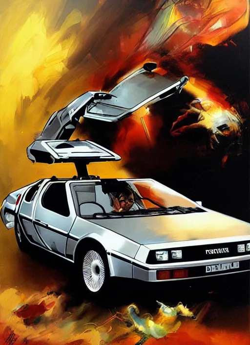 Image similar to doc brown in delorean from back to the future, flying, painting by phil hale, fransico goya,'action lines '!!!, graphic style, visible brushstrokes, motion blur, blurry, visible paint texture, crisp hd image