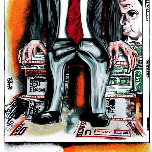 Image similar to George Soros full body shot, dollar bills Body horror, biopunk, by Ralph Steadman, Francis Bacon, Hunter S Thompson