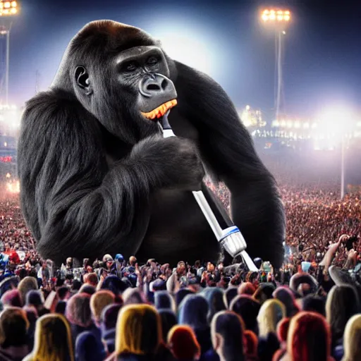 Prompt: a gorilla singing into a microphone as large crowd of people scream, at an outdoor night time stadium concert. highly detailed. wide angle