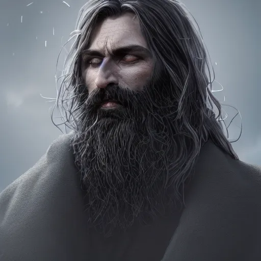Image similar to a highly detailed portrait of a man without a beard, purple eyes, light gray long hair, wearing a black cloak, artstation, DeviantArt, professional, octane render