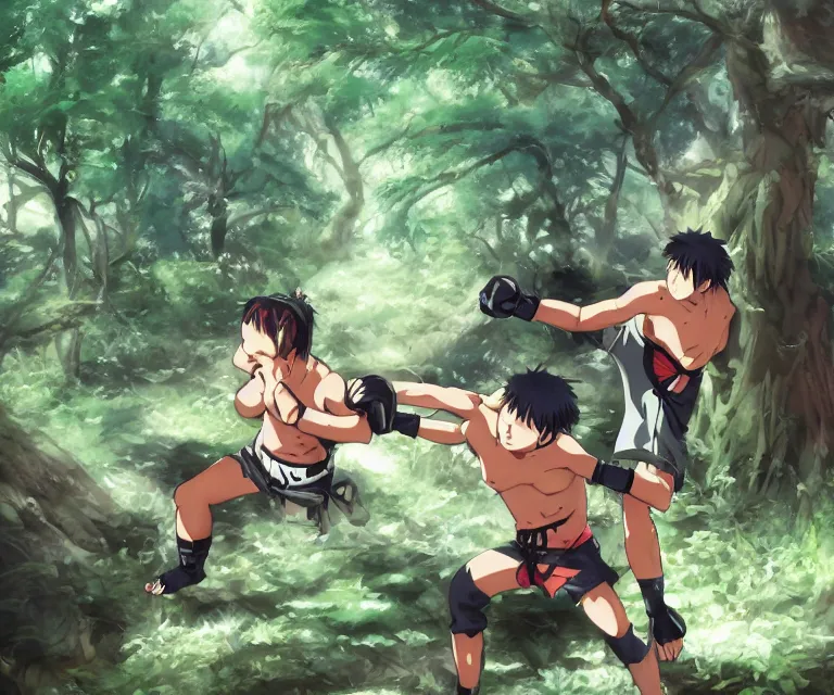 Image similar to mma fight in a forest, anime fantasy illustration by tomoyuki yamasaki, kyoto studio, madhouse, ufotable, comixwave films, trending on artstation