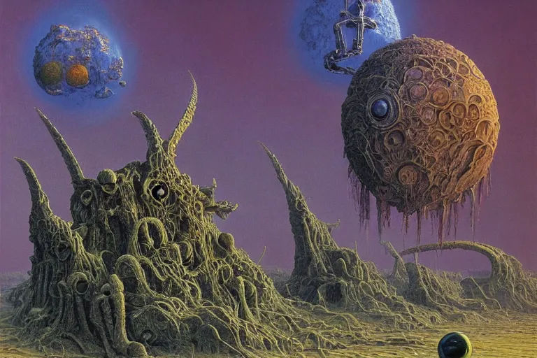 Prompt: oil painting, super - detailed scene of a planet that is also a giant insect, entomology, japanese sci - fi books art, artwork by jean giraud and zdzislaw beksinski and michael whelan and hr giger, hd, 4 k, high quality