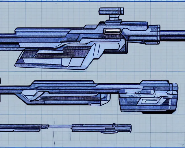 Image similar to schematic of a futuristic plasma rifle, blueprint, HD, 4k