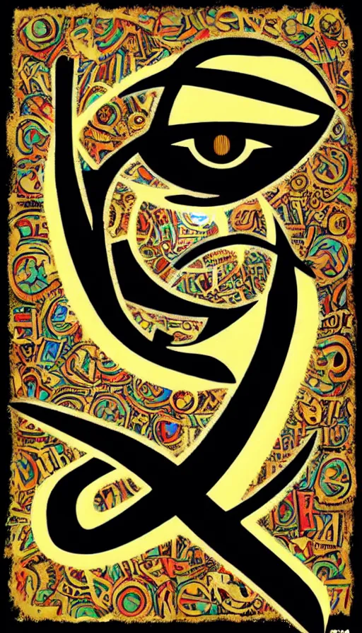 Image similar to eye of horus making the letter k afro futurismo style