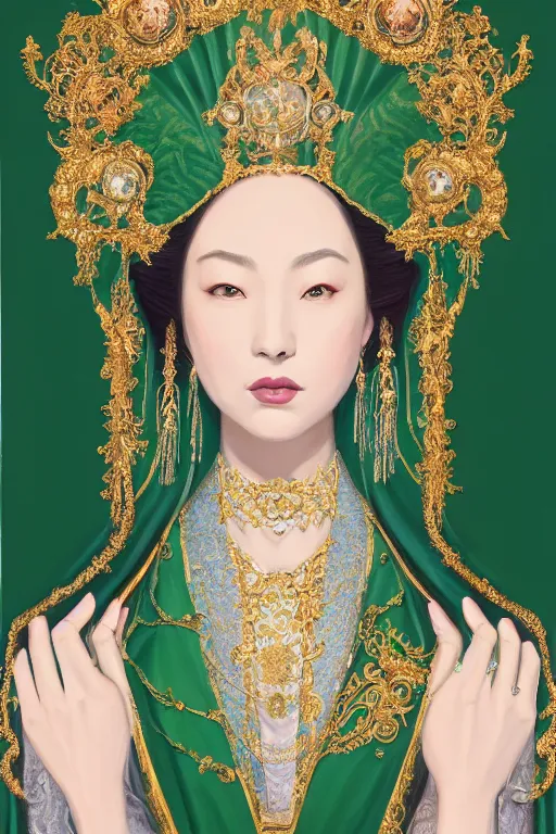 Prompt: a beautiful empress photo portrait, with a brilliant, impossible striking shiny big emerald headpiece, white and emerald robes, symmetrical, rococo, baroque, jewels, asian, realistic, closeup, D&D, fantasy, intricate, elegant, highly detailed, digital painting, artstation, octane render, 8k, concept art, matte, sharp focus, illustration, art by Artgerm and Greg Rutkowski and Alphonse Mucha