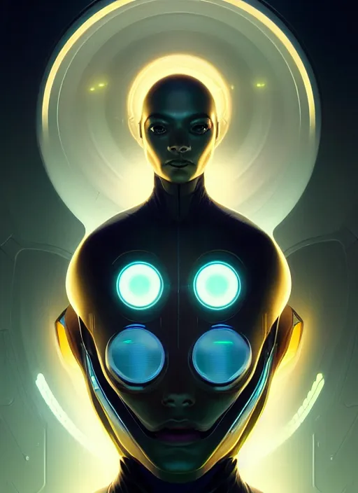 Image similar to symmetry!! portrait of alien, sci - fi, tech wear, glowing lights!! intricate, elegant, highly detailed, digital painting, artstation, concept art, smooth, sharp focus, illustration, art by artgerm and greg rutkowski and alphonse mucha, 8 k