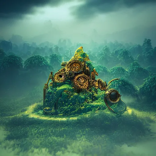 Image similar to a world of dew within every dewdrop a world of struggle, volumetric void of latent space, golden turquoise steampunk, axonometric high contrast cinematic light, mystical shadows, sharp focus, divine realm of gods, octane render,