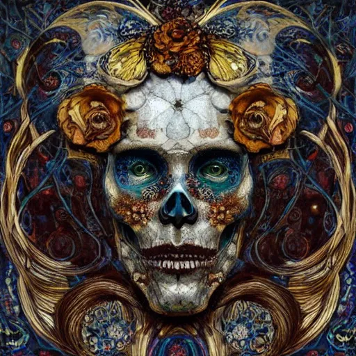 Image similar to Memento Mori by Karol Bak, Jean Deville, Gustav Klimt, and Vincent Van Gogh, beautiful visionary mystical calavera portrait, otherworldly, botanical organic fractal structures by William Morris, ornate gilded medieval icon, third eye, spirals