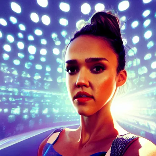 Image similar to jessica alba selfie, 8 k ultra realistic, lens flare, atmosphere, glow, detailed, intricate, full of colour, led lighting, 4 k, hyperrealistic, focused, extreme details, unreal engine 5, masterpiece