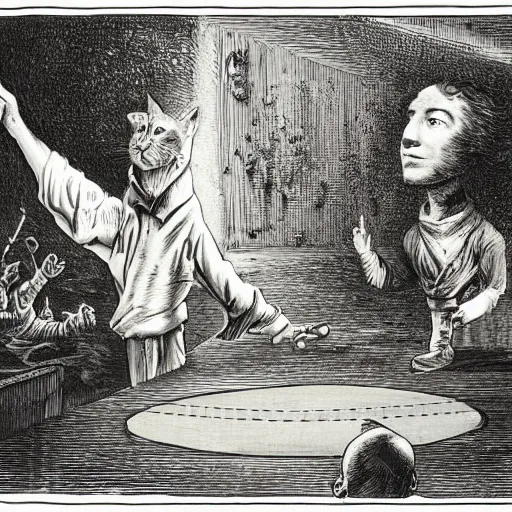 Image similar to portrait of a jeff bezos playing ping pong with mark zuckerberg, gothic, cat eyes, hair waving in the wind, high detail, illustration by gustav dore