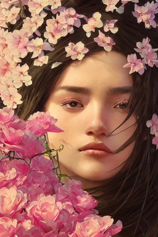 Image similar to ultra realistic illustration, mexican girl with flowers blossoming, elegant, highly detailed, digital painting, concept art, smooth, sharp focus, illustration, art by artgerm and greg rutkowski and alphonse mucha