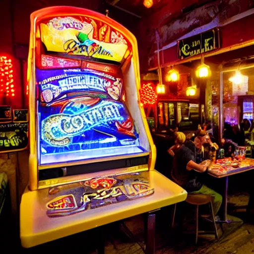 Prompt: restaurant festival in a small town, in the style of python anghelo, the comet, cyclone, pinball machine