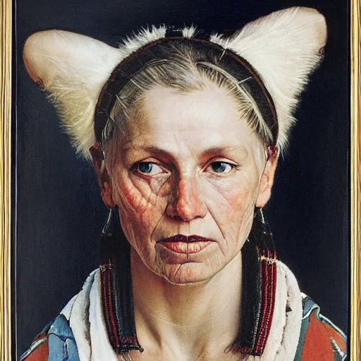 Image similar to Frontal portrait of a white-skinned tribal woman. A portrait by Norman Rockwell.