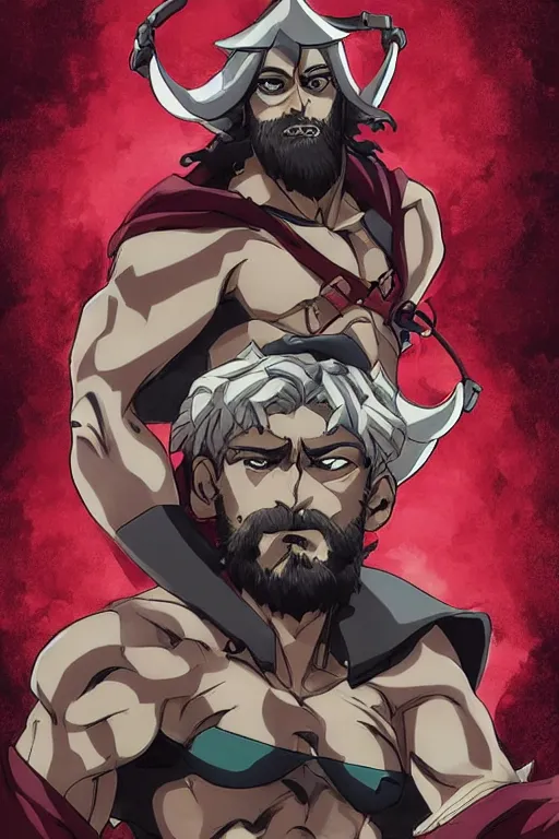 Prompt: Bearded handsome-spartan man Gerard-butler wearing red-cape, bodybuilder posing, portrait, JoJo cover art, JoJo anime style, David Production, style of Vento Aureo cover art, style of Stone Ocean cover art, style of Steel Ball Run cover art, style of JoJolion cover art, Ilya Kuvshinov style, Alexandra Fomina ArtStation, illustrated by Hirohiko Araki