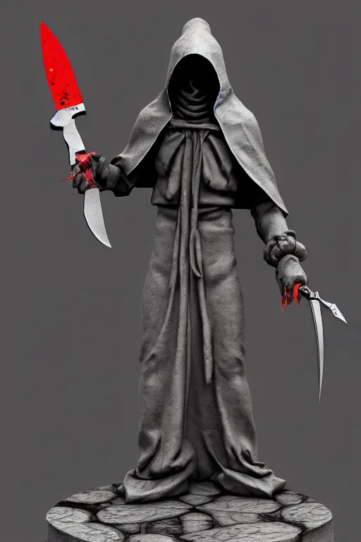 Image similar to a statue of a hooded cultist is holding a bloody knife in one hand and a tomato on the other, by patrick mcenvoy and michael komarck and fantasy flight, incredible quality, trending on artstation