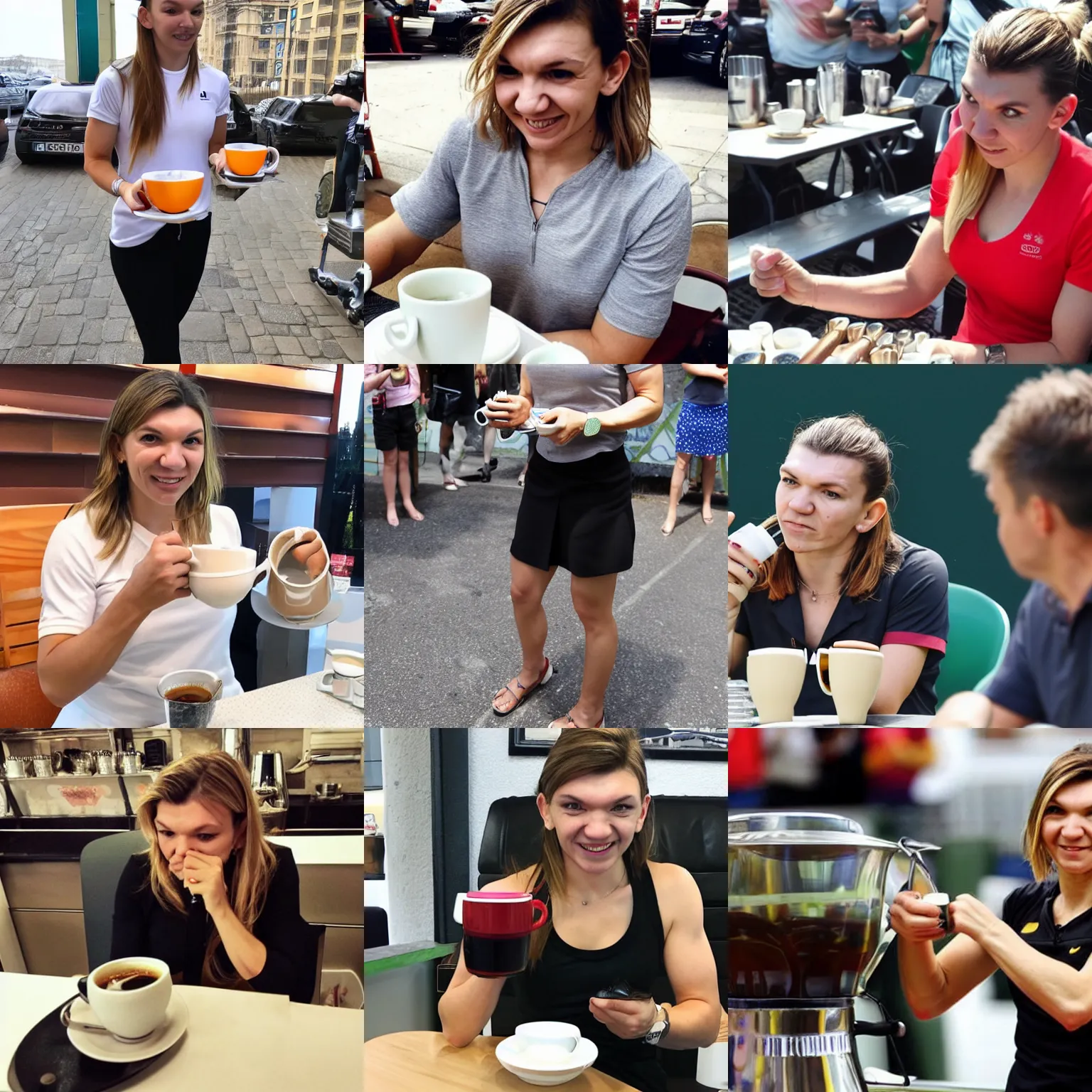 Prompt: simona halep drinking coffee