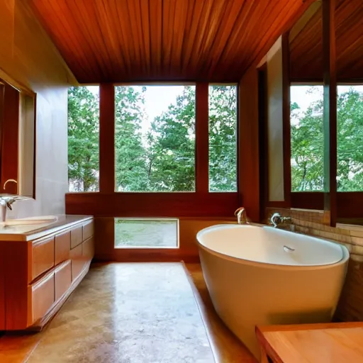 Image similar to a large stocked bathroom designed by Frank Lloyd Wright, bright lights, a bidet, a toilet, two cabinets, a full mirror, wide angle shot