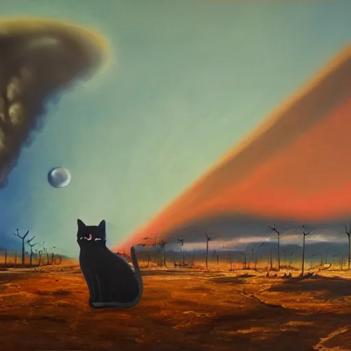 Prompt: oil painting of a cat observing the end of the world, aftermath of nukes, wasteland of a city, red tinted hue