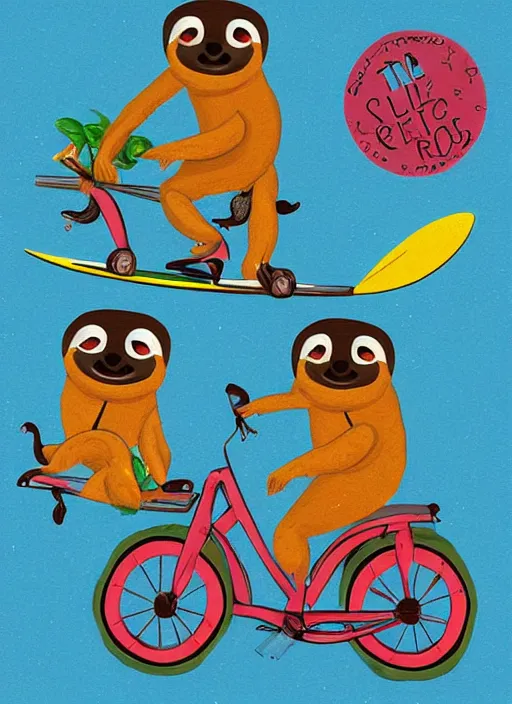 Image similar to a couple of sloths riding a bike with a surfboard, by tim biskup, tom bonson folk art, whimsical, storybook illustration