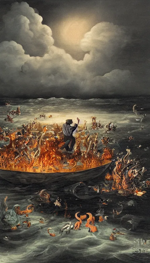 Image similar to man on boat crossing a body of water in hell with creatures in the water, sea of souls, by jason de graaf