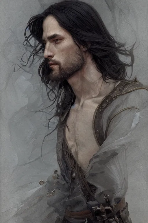 Image similar to skinny male fantasy alchemist, long dark hair, 1 9 th century fantasy, elegant, highly detailed, intricate, smooth, sharp focus, artstation, digital paining, concept art, art by donato giancola, greg rutkowski, artgerm, cedric peyravernay, valentina remenar, craig mullins