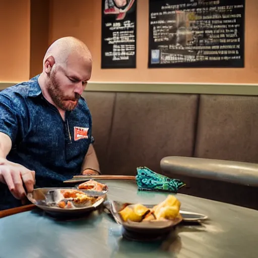 Prompt: manic man grabbing and eating toenail clippings off the floor of a cafeteria stop photograph