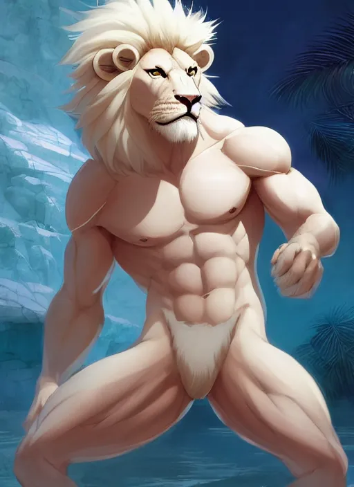 Image similar to award winning beautiful commission of a muscular male furry anthro albino lion wearing swim trunks chilling in a modern spa with soft warm atmospheric cozy lighting with beautiful hyperdetailed face. Character design by charlie bowater, ross tran, and makoto shinkai, detailed, inked, western comic book art