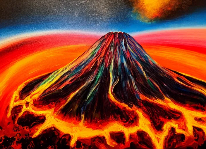 Prompt: rainbow from an erupting volcano at night, cinematic, Intricately detailed acrylic painting,