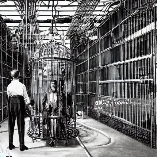 Image similar to scientists studying a creature locked in a cage in a warehouse, 1 9 2 0's sci - fi, black and white, 8 k, highly ornate intricate details, extreme detail,