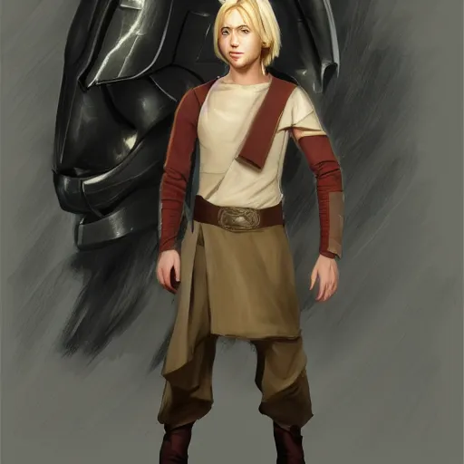 Image similar to a young blonde male jedi with short hair looking away at a threat full body shot concept art by Doug Chiang cinematic concept art, realistic painting, high definition, digital art, matte painting, symmetrical, very detailed, realistic, dramatic lighting, cinematic, establishing shot, extremely high detail, photo realistic, cinematic lighting, post processed, concept art, artstation, matte painting, red color scheme