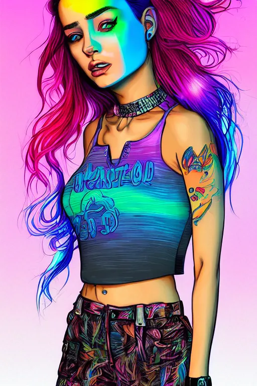 Image similar to a award winning half body portrait of a beautiful woman with stunning eyes in a printed croptop and cargo pants with rainbow colored ombre hairstyle head in motion and hair flying by josan gonzales, outrun, vaporware, shaded flat illustration, digital art, trending on artstation, highly detailed, fine detail, intricate