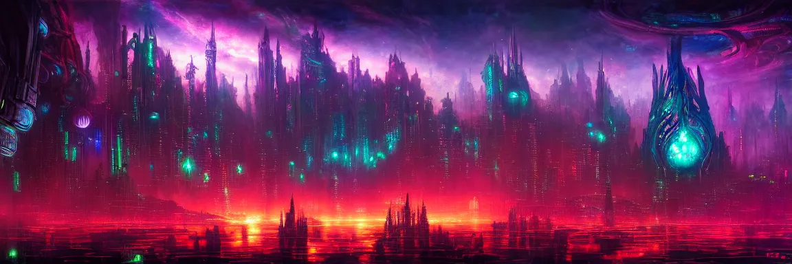 Prompt: beautiful cosmic fantasy landscape with gothic futuristic cyberpunk city filled with technological wonders, a river filled with lotus flows through the cyberpunk city, the sky is filled with stars and cosmic nebulae, atmospheric lighting, painted, intricate, volumetric lighting, beautiful, rich deep colours masterpiece, sharp focus, ultra detailed, in the style of Dan Mumford and marc simonetti
