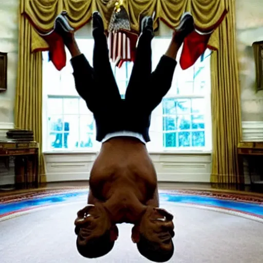 Prompt: barack obama doing a handstand in the oval office