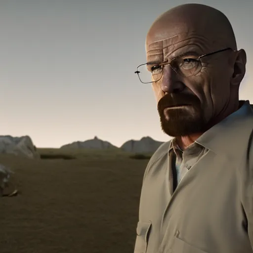 Image similar to Walter White finding a new hatch in lost, face enhance, insandely detailed, photo realistic, cinematic lighting, trending on artstation, 4k, hyperrealistic, focused, extreme details, unreal engine 5, cinematic, masterpiece