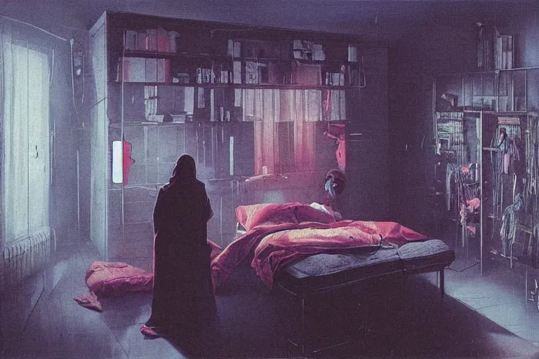 Image similar to IKEA catalogue photo, cyberpunk teenager bedroom, ghosts, by Beksiński