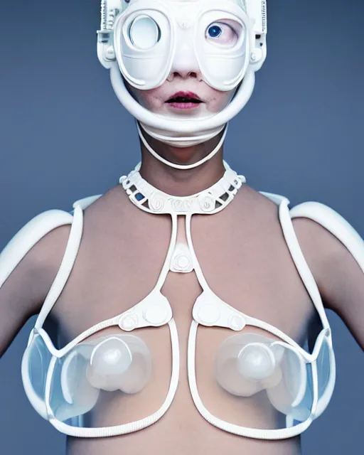 Image similar to portrait of a woman wearing a white embroidered translucent silicone mask and white blue frizzy hair buns, wearing a black bodysuit by alexander mcqueen, cream white background, soft diffused light, biotechnology, humanoide robot, bjork aesthetic, translucent, by rineke dijkstra, intricate details, highly detailed, masterpiece,