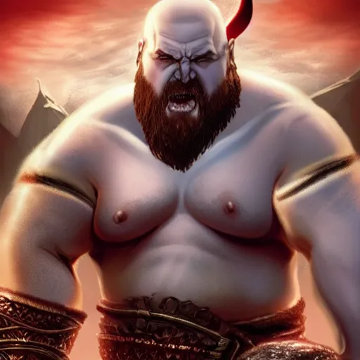Prompt: morbidly obese god of war has like ten chins