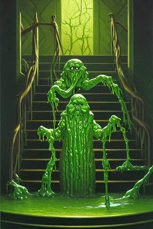 Prompt: classic oil painting, green slime is dripping down a set of wooden stairs, as a dnd character, cottagecore, highly detailed, digital illustration, concept art, smooth, sharp focus, ominous, art by tim hildebrandt, and greg hildebrandt