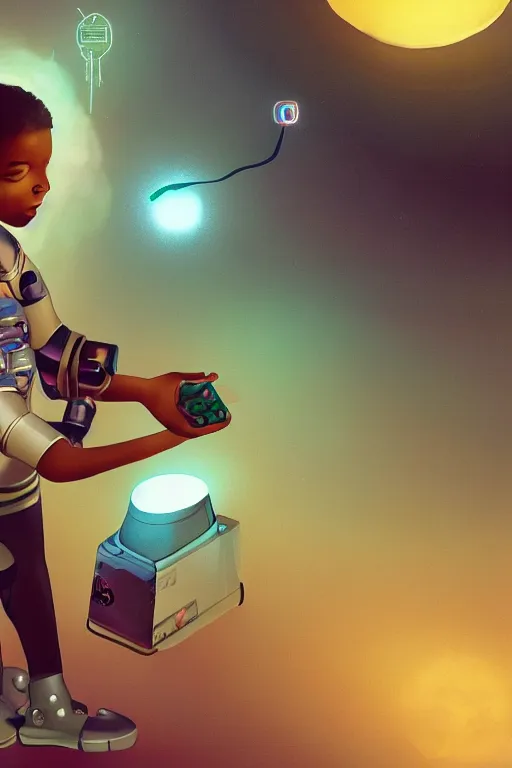 Image similar to a black kid playing with a futuristic robot in the nature, mixing solarpunk, afropunk, cyberpunk, ( ( ( ( volumetric light ) ) ) ), high angle, part by pearl fryar, part by prince damah, sunny day, trending on artstation, cinematic view, illustration, painting, realistic