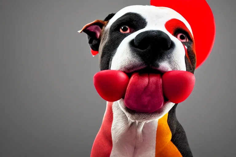 Image similar to an angry pit bull wearing clown makeup and a red rubber nose, 4 k, hdr color