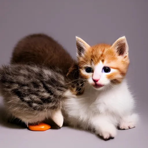 Image similar to 35mm macro shot a kitten licking a baby duck, studio lighting