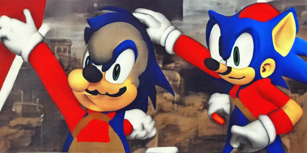 Image similar to retro oil portrait of Mario and Sonic at the 1936 German Olympic Games, highly detailed, 35mm, realistic, kodak color, iconic
