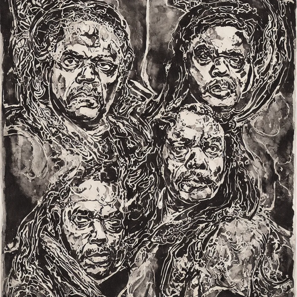 Image similar to A dramatic art nouveau bust portrait of James Earl Jones with long black hair as Thulsa Doom in scratchy rune-carved armor, framed with metallic art nouveau shield designs around the borders, by Travis Charest, Jia Ruan and Bill Sienkiewicz, watercolor, bleed, splatters, random brush strokes, epic lighting and depth of field, sinister ambience, malevolent expression, determination, dominance, confidence, mixed media painting, accurate symmetrical facial details, perfect symmetry, sumerian, roman, egyptian, medieval, intricately detailed