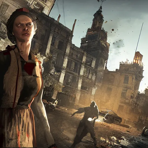 Prompt: Queen Elizabeth as an NPC in Dying Light, gameplay screenshot, insanely detailed face