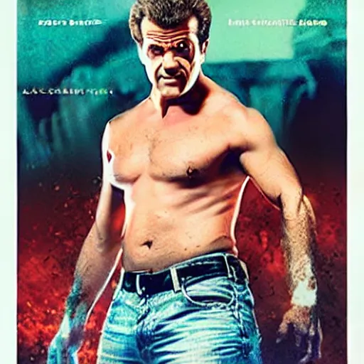 Image similar to [Mel Gibson as the guy from Drive, movie poster]