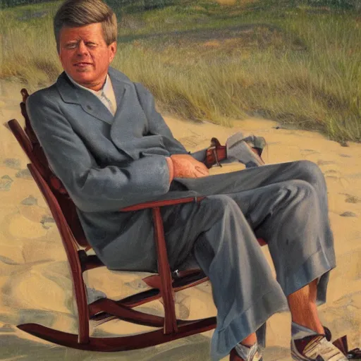 Image similar to portrait of john f kennedy, wrinkled, grey hair sitting on rocking chair, landscape of nantucket beach, dunes, ocean, bluff, handsome, hawaiian shirt, oil on canvas by william sidney mount - 1 9 8 2, trending on artstation