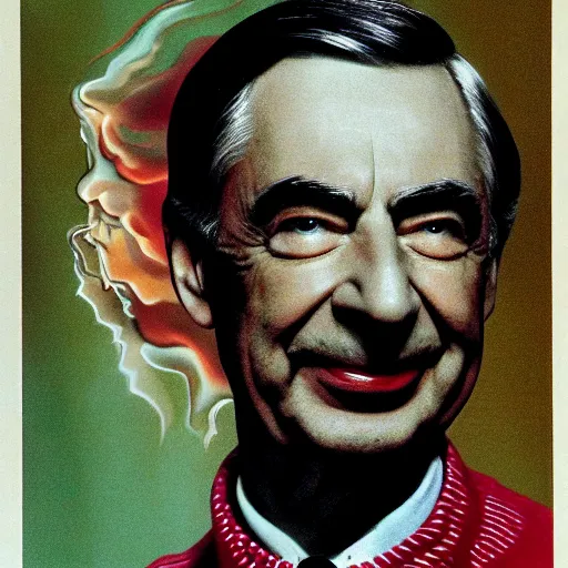 Image similar to fred rogers gothic horror chic portrait diffusion glow smoke fire, art by salvador dali