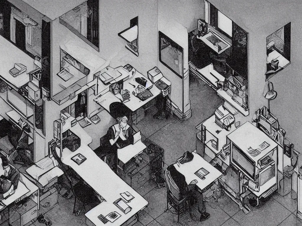 Prompt: coffee break in 9 0 s cubicle office by m. c. escher